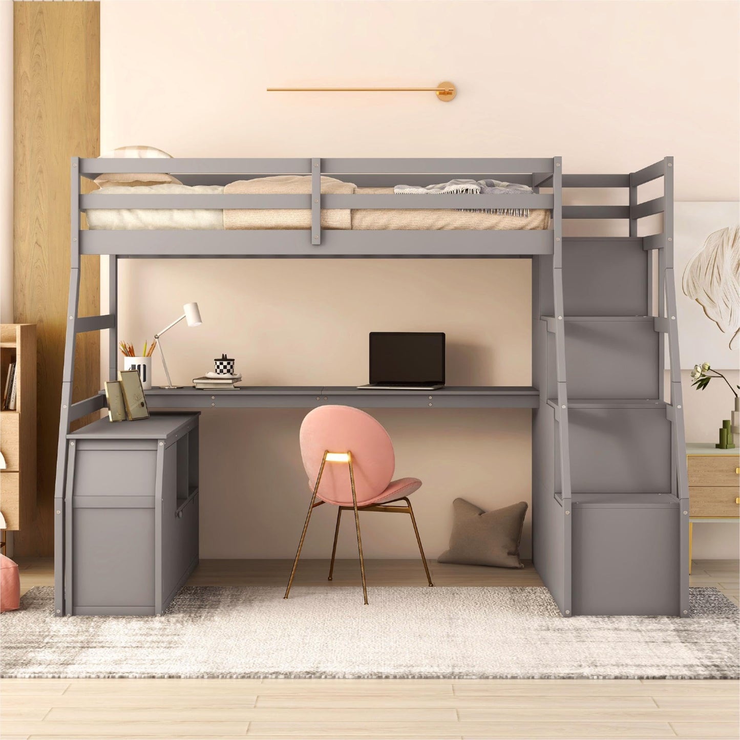 CKLMMC Multifunctional Twin Loft Bed with Storage Drawers, Desk, and Shelving – Grey - WoodArtSupply