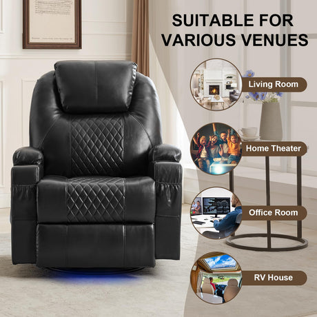 DUNELLA Power Swivel Rocker Recliner Chair for Adults with Heat and Massage, LED Lights, USB and Type-C Ports, Electric Glider Recliner Nursery Chair for Living Room(Black, Single Sofa) DUNELLA