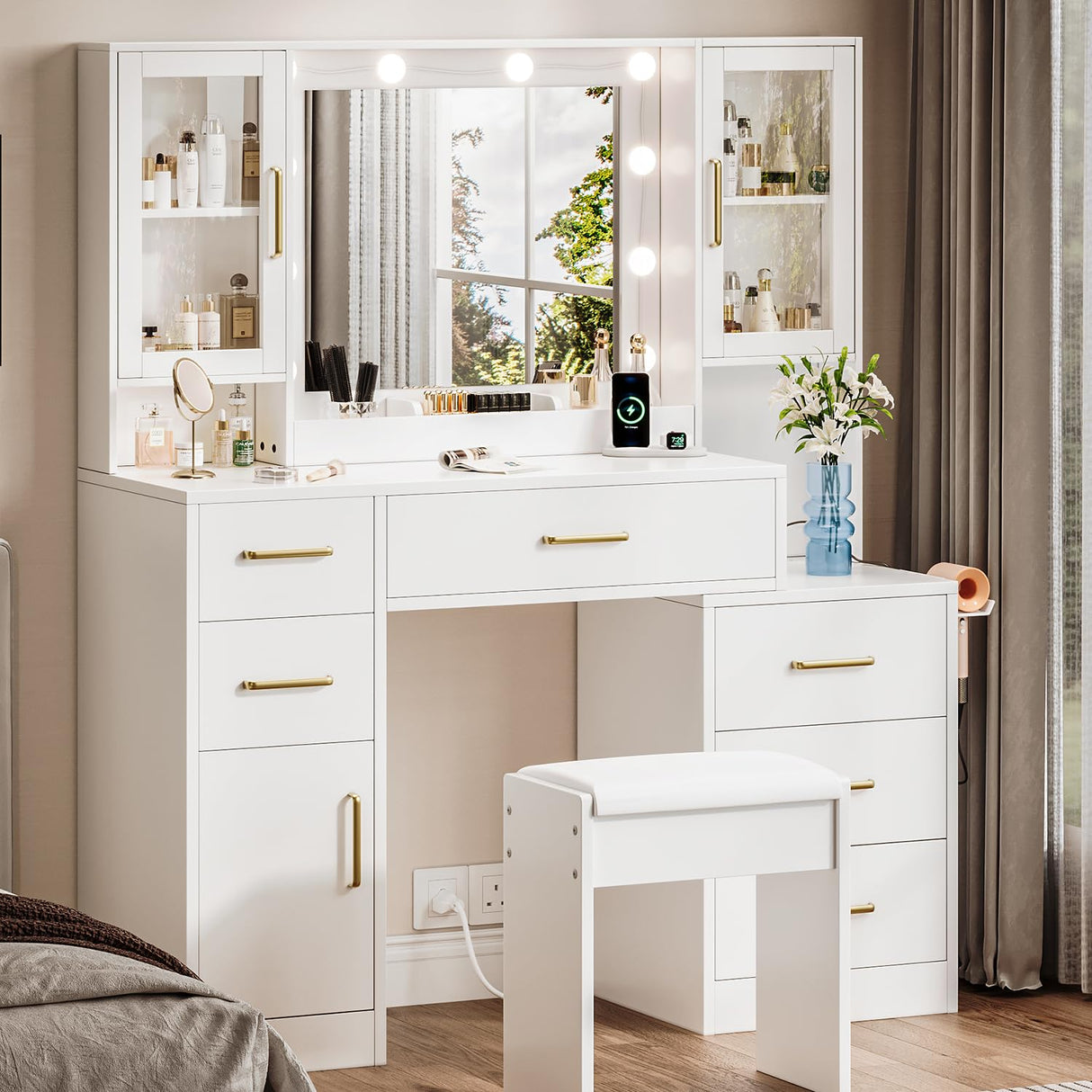 51" Vanity Desk with Mirror and Lights & Charging Station, Bedroom Dressing Table, Large Vanity Set with Cushioned Stool, 6 Drawers and 2 Cabinets, Makeup Vanity Table with Charging Station TOKSOM