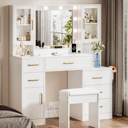 51" Vanity Desk with Mirror and Lights & Charging Station, Bedroom Dressing Table, Large Vanity Set with Cushioned Stool, 6 Drawers and 2 Cabinets, Makeup Vanity Table with Charging Station