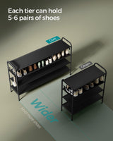 SONGMICS Shoe Rack, 4-Tier Shoe Organizer, Fabric Shoe Shelf Storage with 4 Hooks, Holds up to 24 Pairs of Shoes, Height-Adjustable Shoe Rack for Entryway, Hallway, Closet, Easy Assembly, Ink Black SONGMICS