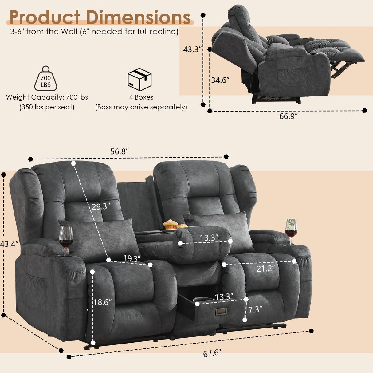 SAMERY 68" RV Loveseat Recliner Sofa, 6" Wall Hugger Reclining Loveseat with Flip-Down Console, Manual Velvet Recliner Sofa Couch for Living Room RV Theater Seating with Cup Holder SAMERY