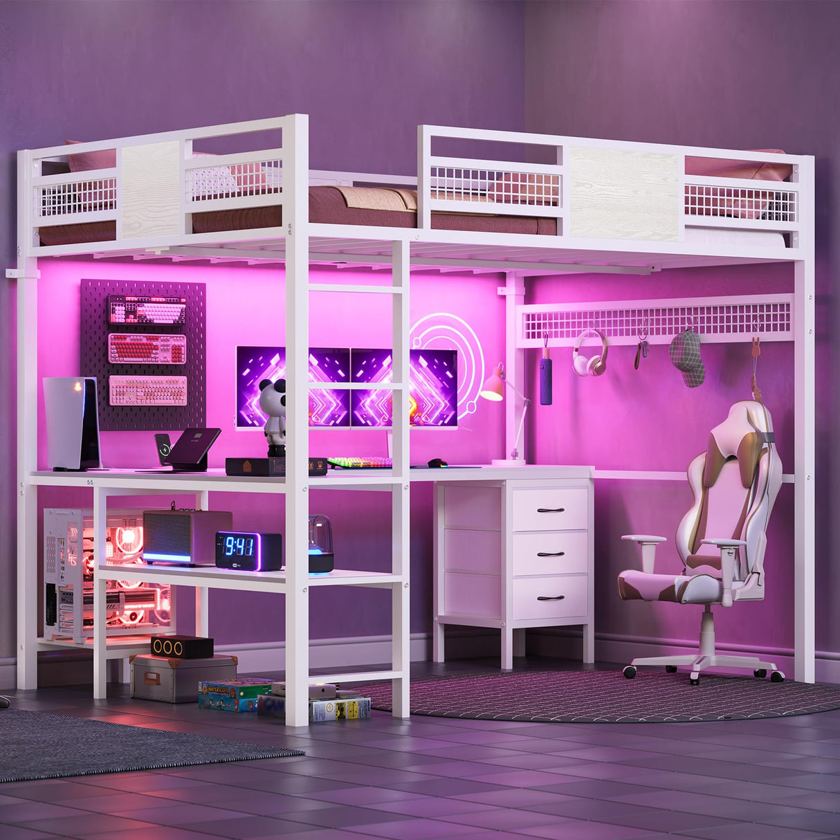 BTHFST Full Size Loft Bed with L-Shaped Desk and 3 Storage Drawers, LED Lights & Charging Station, Open Storage Shlef, Metal Loft Bed Frame with Solid Slats and Guardrail, Space Saving, White BTHFST