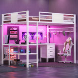 BTHFST Full Size Loft Bed with L-Shaped Desk and 3 Storage Drawers, LED Lights & Charging Station, Open Storage Shlef, Metal Loft Bed Frame with Solid Slats and Guardrail, Space Saving, White BTHFST