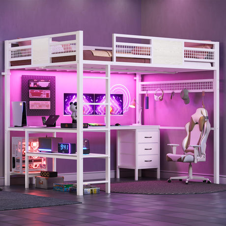 BTHFST Full Size Loft Bed with L-Shaped Desk and 3 Storage Drawers, LED Lights & Charging Station, Open Storage Shlef, Metal Loft Bed Frame with Solid Slats and Guardrail, Space Saving, White BTHFST