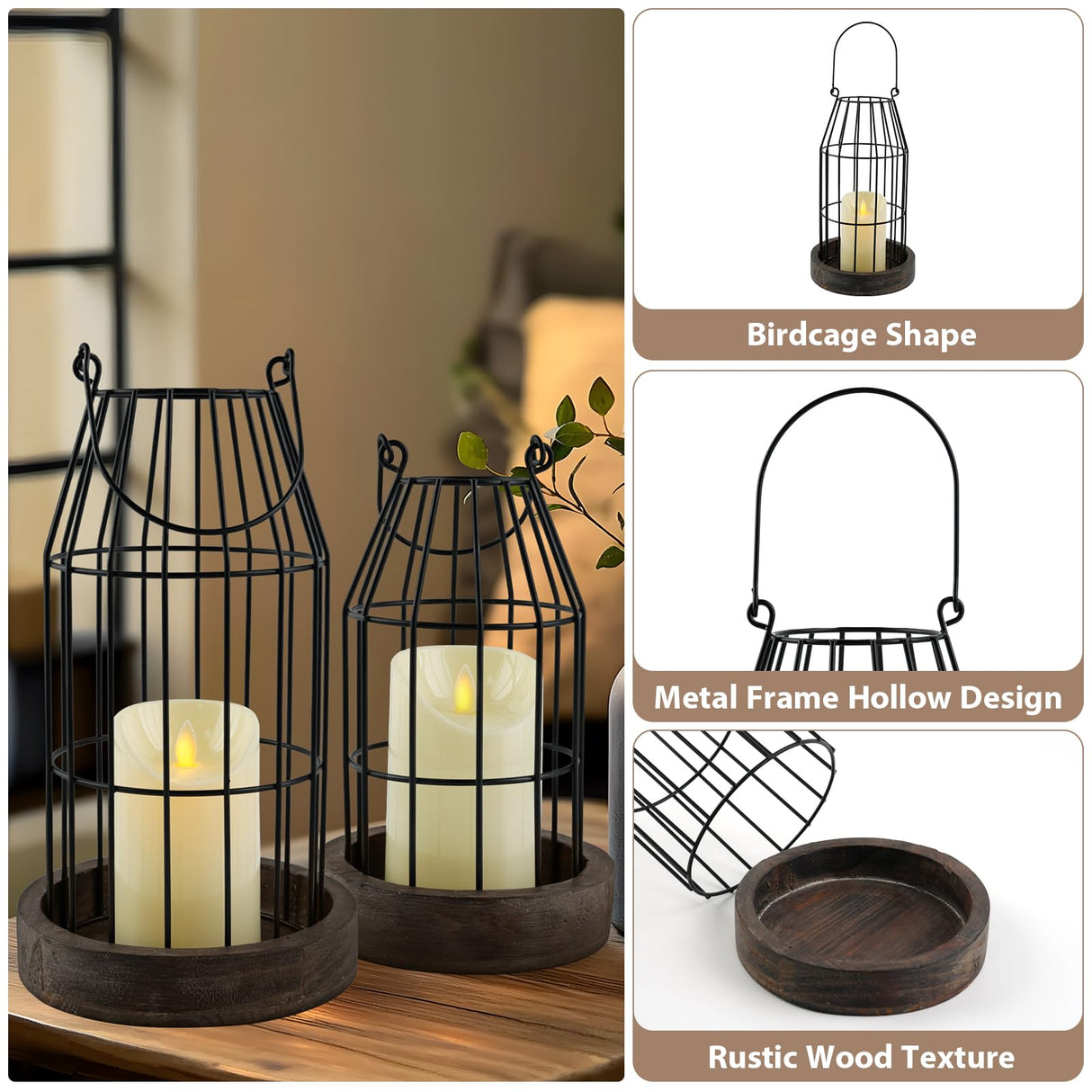 VIVIRENOIR Farmhouse Lantern Decor, Set of 2 Rustic Home Decor Lanterns with Flameless Candles, Wire Metal Cloche Decorative Candle Holders for Living Room Fireplace Mantel Dining Table Decor (Brown) VIVIRENOIR