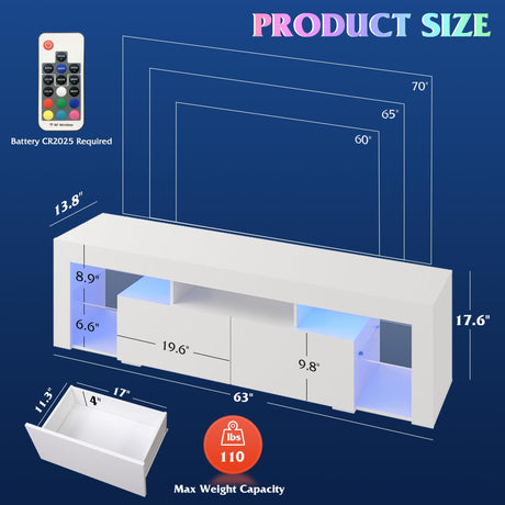 WLIVE LED TV Stand for 55/60/65/70 Inch TV, Modern Entertainment Center with Open Shelves, Wood TV Console with 2 Storage Drawers for Bedroom, Living Room, Gaming Media Stand with Display Glass, White WLIVE