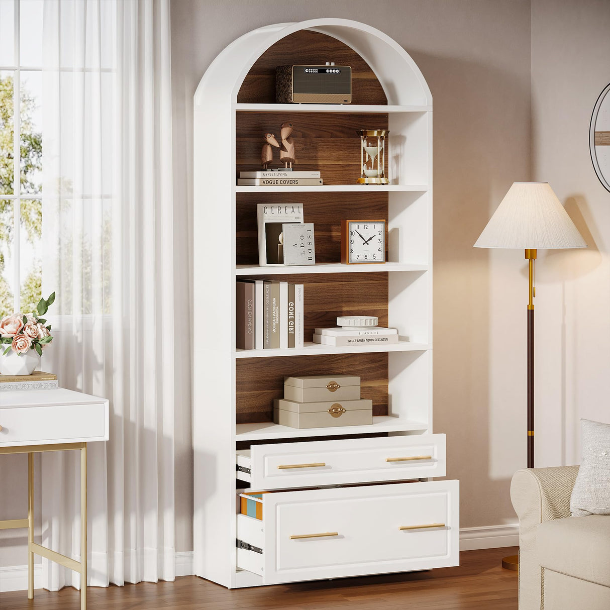 Tribesigns 76.8" Tall Arched Bookcase, 5-Tier Bookshelf with File Cabinet Drawer, Modern Freestanding Wooden Bookshelves, Large Open Display Storage Shelves for Home Office, Living Room Tribesigns