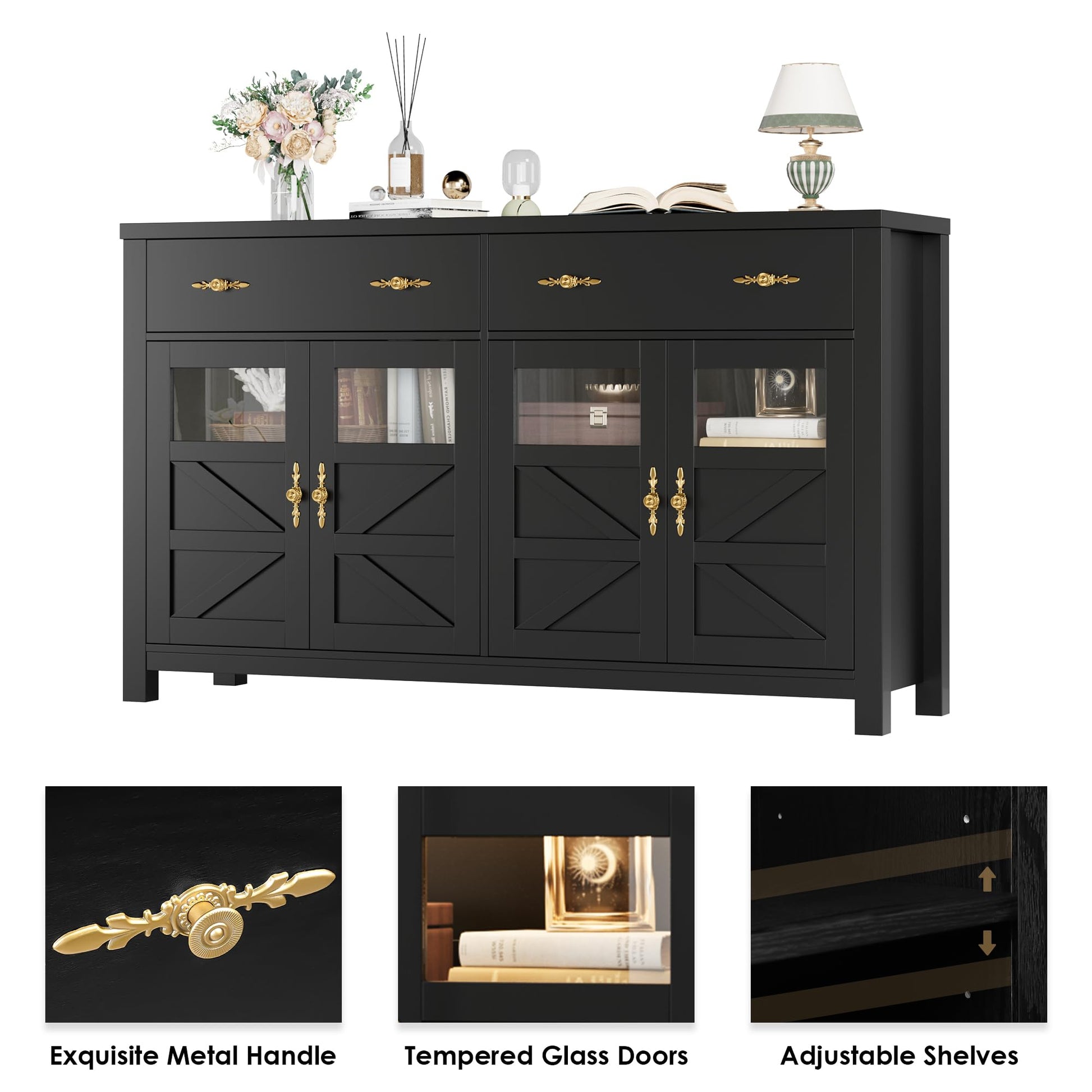 finetones Buffet Cabinet with Storage, 55.1" Large Sideboard Buffet Cabinet, Farmhouse Sideboard Kitchen Cabinet with 2 Drawers and 4 Doors, Wood Coffee Bar Cabinet Buffet Table for Kitchen,  - WoodArtSupply