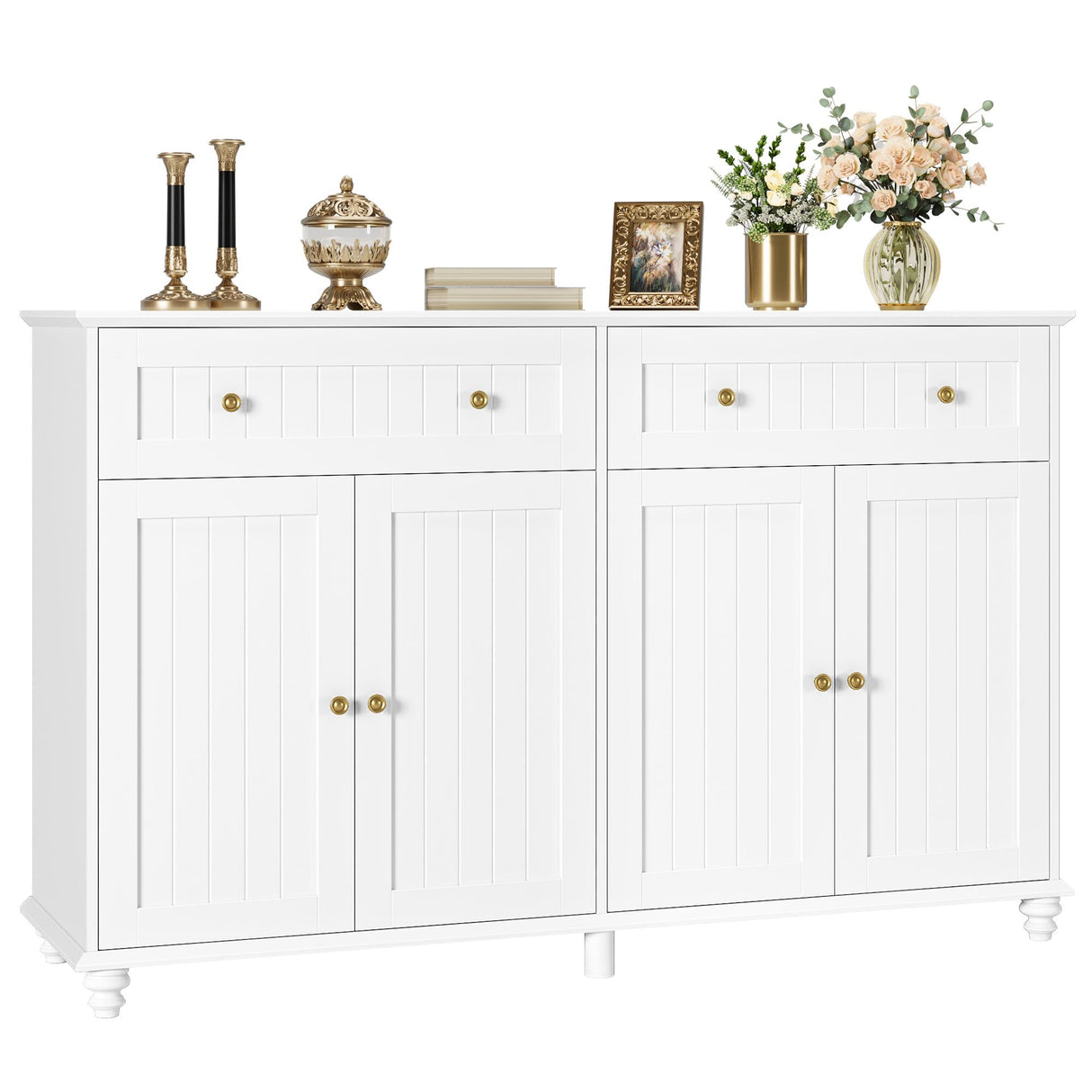 finetones Buffet Cabinet with Storage, 55.1” Large Sideboard Buffet Cabinet, White Kitchen Cabinet Display Cabinet with 2 Drawers and 4 Doors, Wood Coffee Bar Cabinet for Kitchen Dining Room finetones