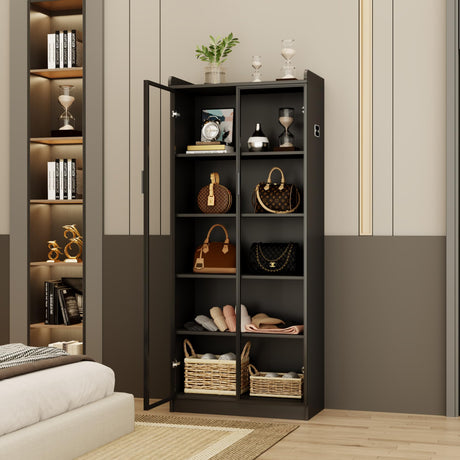Dystler Display Cabinet with Adjustable Shelves, 65" Tall Bookcase with LED Lights/Human Sensor, 5 Tier Display Case for Collectibles Bedroom Living Room Office, Black - Transparent Acrylic Doors Dystler