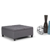 SIMPLIHOME Harrison 36 inch Wide Transitional Square Coffee Table Storage Ottoman in Slate Grey Linen Look Fabric, Assembled, For the Living Room and Bedroom SIMPLIHOME