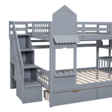 Harper & Bright Designs Full Over Full Bunk Bed with Slide and Stairs, Castle Style Bunk Beds with Storage Drawers and Shelves, Wooden Loft Bunk Bed Frame for Kids, Teens, Boys & Girls (Gray) Harper & Bright Designs