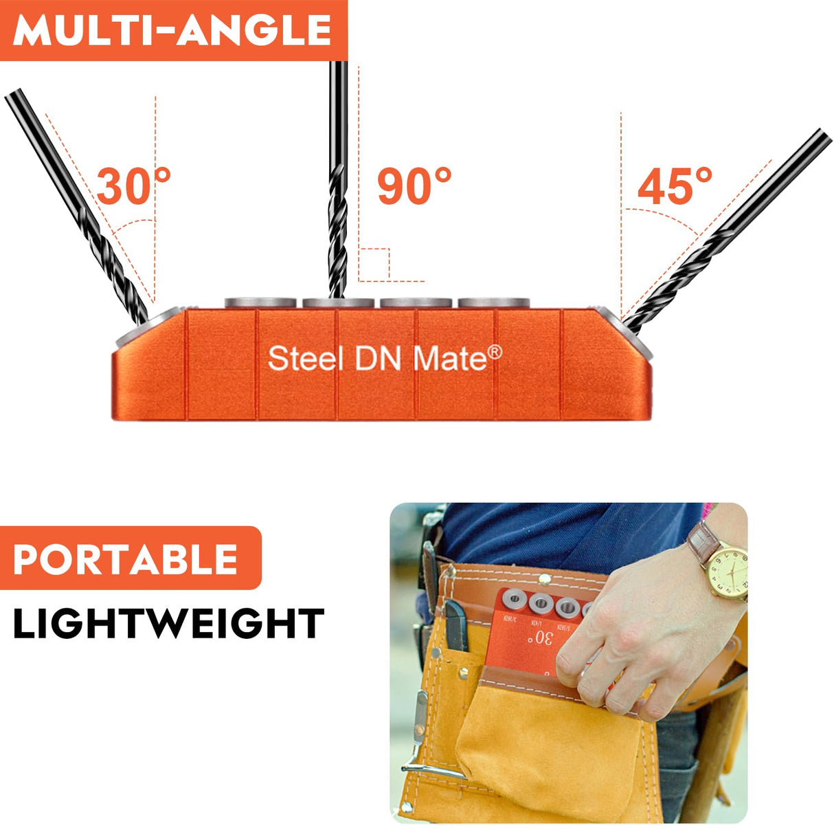 Steel DN Mate Aluminum Multi-Angle Drill Guide with F Clamp, 30 45 90 Degree 4 Sizes Guide Track Cable Railing Kit Stair Deck Template Jig for Straight and Angle Hole Wood Post, DG45 Steel DN Mate