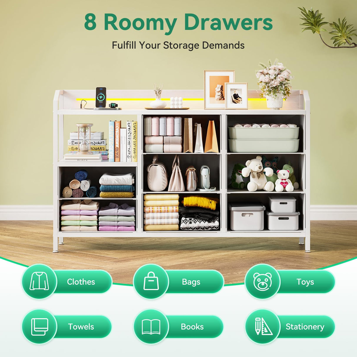 KKL White Dresser for Bedroom with Light Strip & Power Outlet — 8 Drawers Dressers & Chest of Drawers with Shelf, Wood Top, Metal Frame, Wide Dressers for Girls Bedroom, Living Room, Hallway, Closet KKL