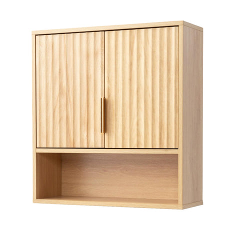 VINGLI Fluted Modern Medicine Cabinet,Bathroom Wall Cabinet Over Toilet Storage, Upper Floating Countertop Storage for Bathroom, Laundry Room,Small Hanging Kitchen Wall Cabinets (Natural Oak Color) VINGLI