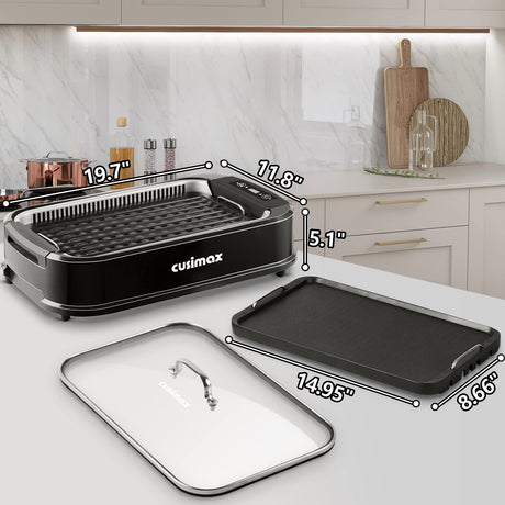 Indoor Grill, CUSIMAX Smokeless Grill Indoor, 1500W Electric Grill Griddle Korean BBQ Grill with LED Smart Display & Tempered Glass Lid, Non-stick Removable Grill Plate & Griddle Plate, Black CUSIMAX