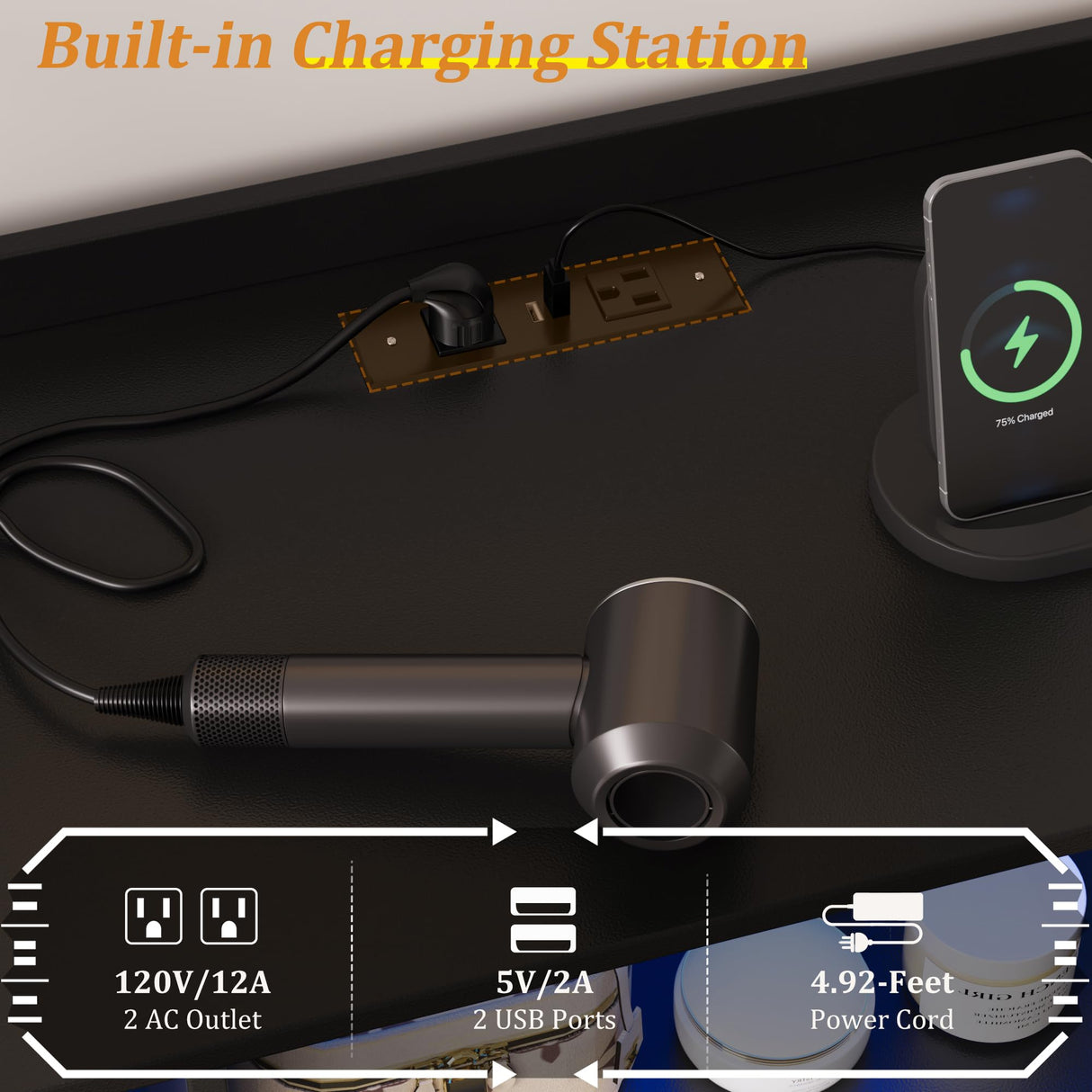 Whalefall Black LED Dresser for Bedroom, 6 Drawer Dressers & Chests of Drawers with Power Strip, Modern Dressers Wooden Storage Cabinet for Adults, Kids Whalefall