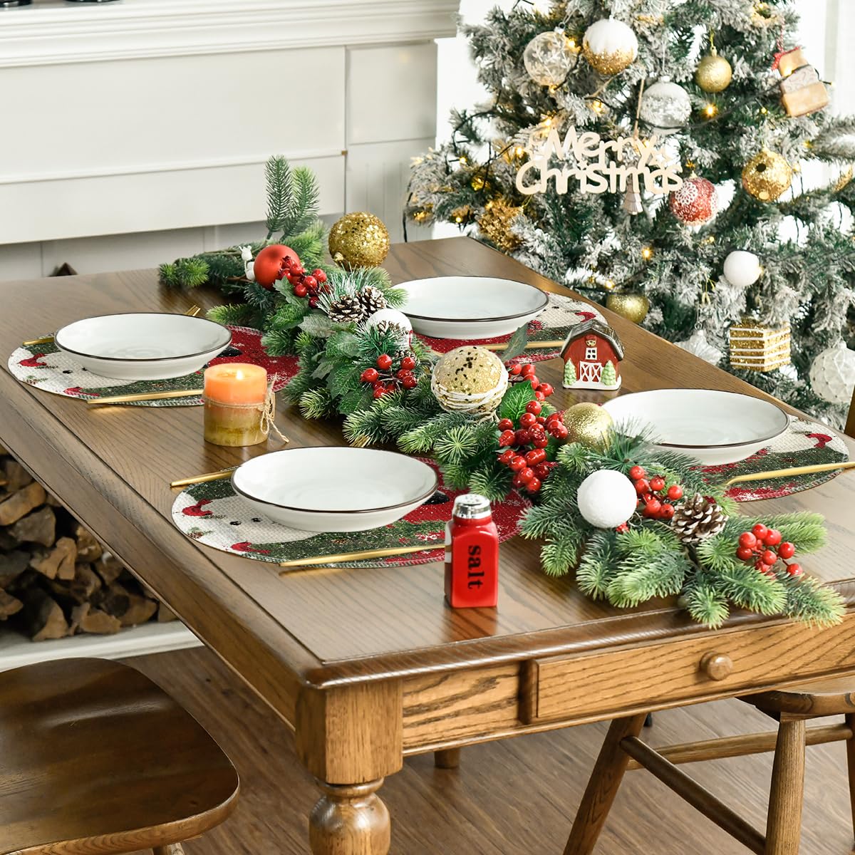 Artoid Mode Snowman Trees Snowflakes Christmas Round Placemats Set of 4, 14 Inch Winter Round Table Mats for Dining Decoration Artoid Mode