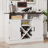 MHOM Farmhouse Coffee Bar Cabinet with Prower Outlets, Rustic Liquor Cabinet with Wine Rack, Wooden Wine Cabinet for Dining Room & Living Room, White MHOM