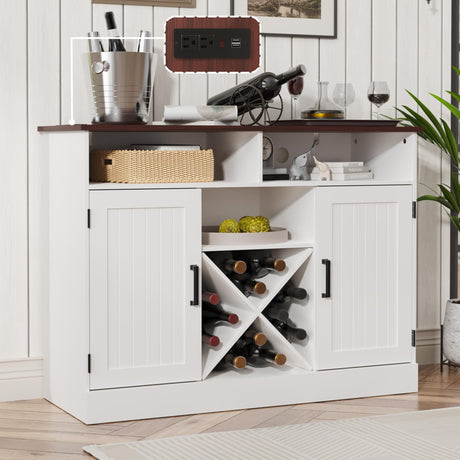 MHOM Farmhouse Coffee Bar Cabinet with Prower Outlets, Rustic Liquor Cabinet with Wine Rack, Wooden Wine Cabinet for Dining Room & Living Room, White MHOM