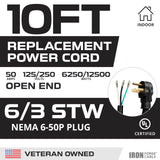 Iron Forge Cable NEMA EV Extension Cord 10 Ft with Open End, 50 Amp Power Cord with Eyelet 3 Wire 6/3 Gauge Replacement Cable, NEMA 6-50 Plug STW 250V for Level 2 EV Charger & Welder UL Certified IRON FORGE CABLE