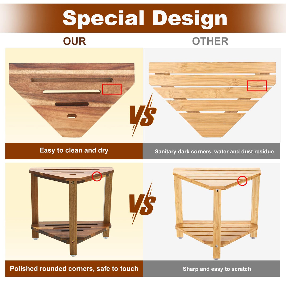 IBosins Corner Shower Stool Shower Foot Rest for Shaving Legs Small Shower Bench for Inside Shower to Sit on Bath Stool with Storage Shelf Shower Accesories (Acacia Wood) IBosins