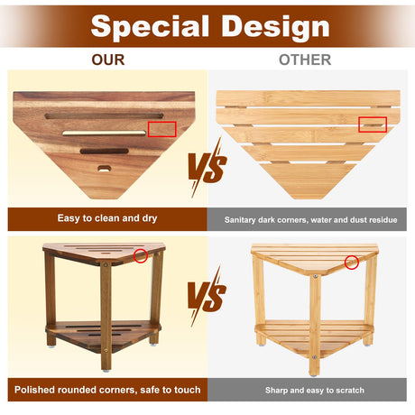 IBosins Corner Shower Stool Shower Foot Rest for Shaving Legs Small Shower Bench for Inside Shower to Sit on Bath Stool with Storage Shelf Shower Accesories (Acacia Wood) IBosins
