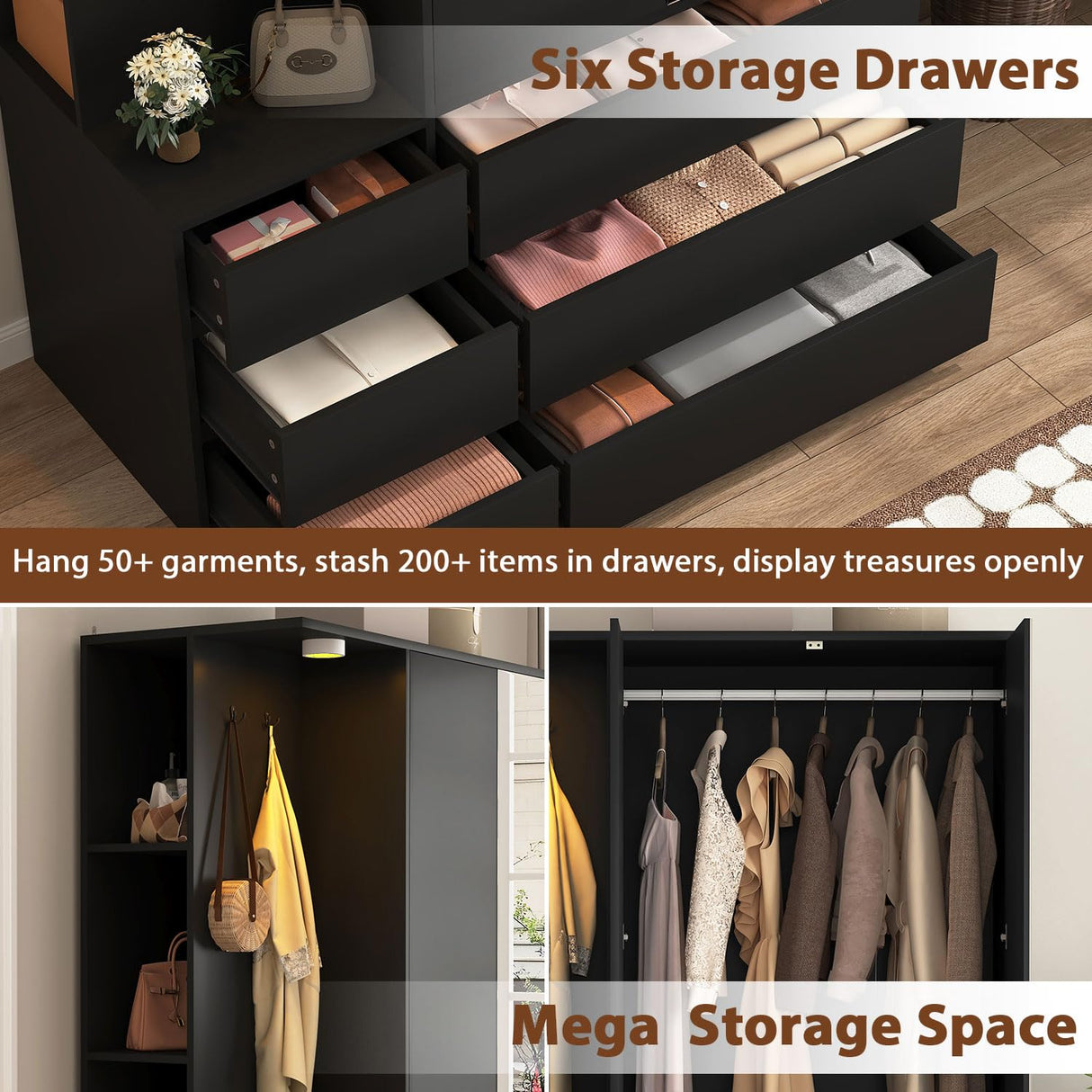 Modern Wardrobe Closet with Mirror & Integrated LED Light, 6 Drawers & Ample Hanging Storage, Multi-Functional Armoire for Bedroom-Black Rumiiro