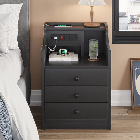 ADORNEVE Night Stand Set 2,Black Nightstand with Charging Station & Hutch,Night Stands for Bedrooms Set of 2,Bedside Table with Drawers ADORNEVE