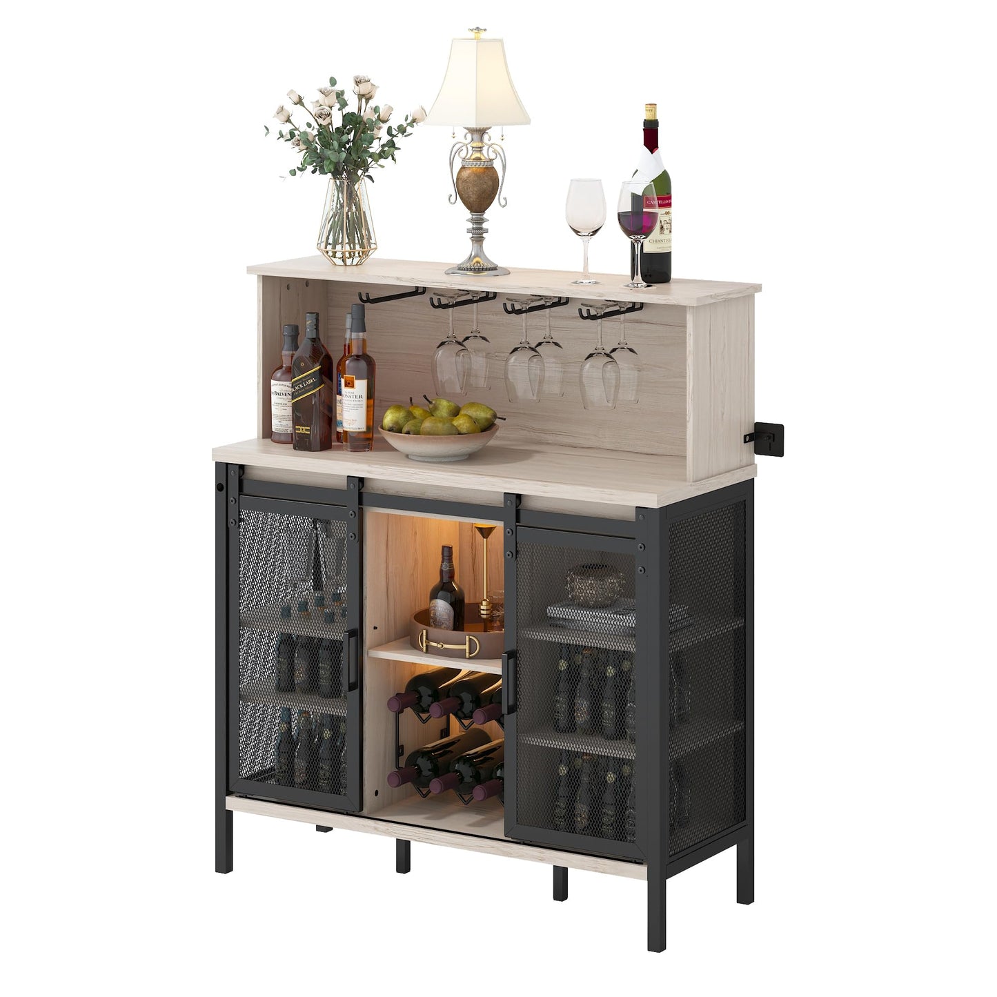 QNICE LED Industrial Wine Bar Cabinet for Liquor and Glasses/Sliding Barn Door Coffee Bar Cabinet with Light/Farmhouse Sideboard Buffet Storage Cabinet with Wine Rack/Rustic Oak/Easy Assembly - WoodArtSupply