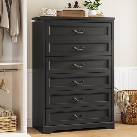 DICTAC Farmhouse 6 Drawers Dresser for Bedroom,51.2" Tall Rustic Wood Chest of Drawers,Large Storage Chest with Vintage Metal Handles, White Dresser for Bedroom,Closet,Hallway,Black DICTAC