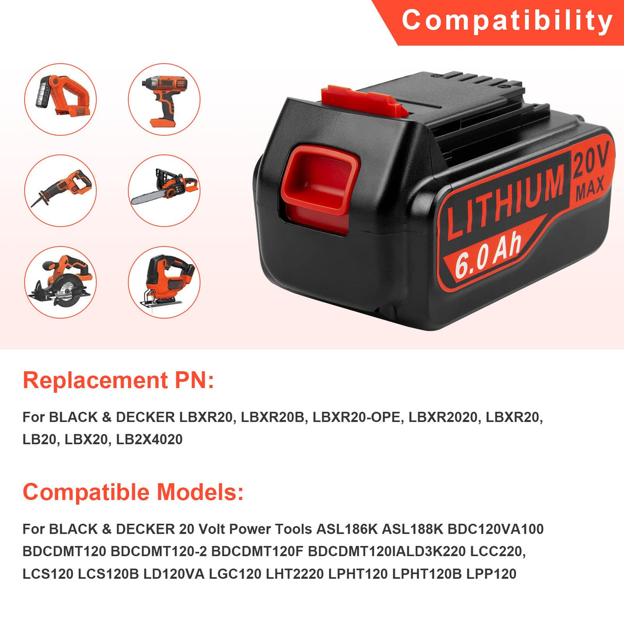 TREE.NB 6.0Ah 20V Battery Replacement for Black and Decker 20V Lithium Battery LBXR20 LBXR20B LBXR20-OPE LBXR2020 LB20 LBX20 LB2X4020 LST220 (2 Pack) TREE.NB