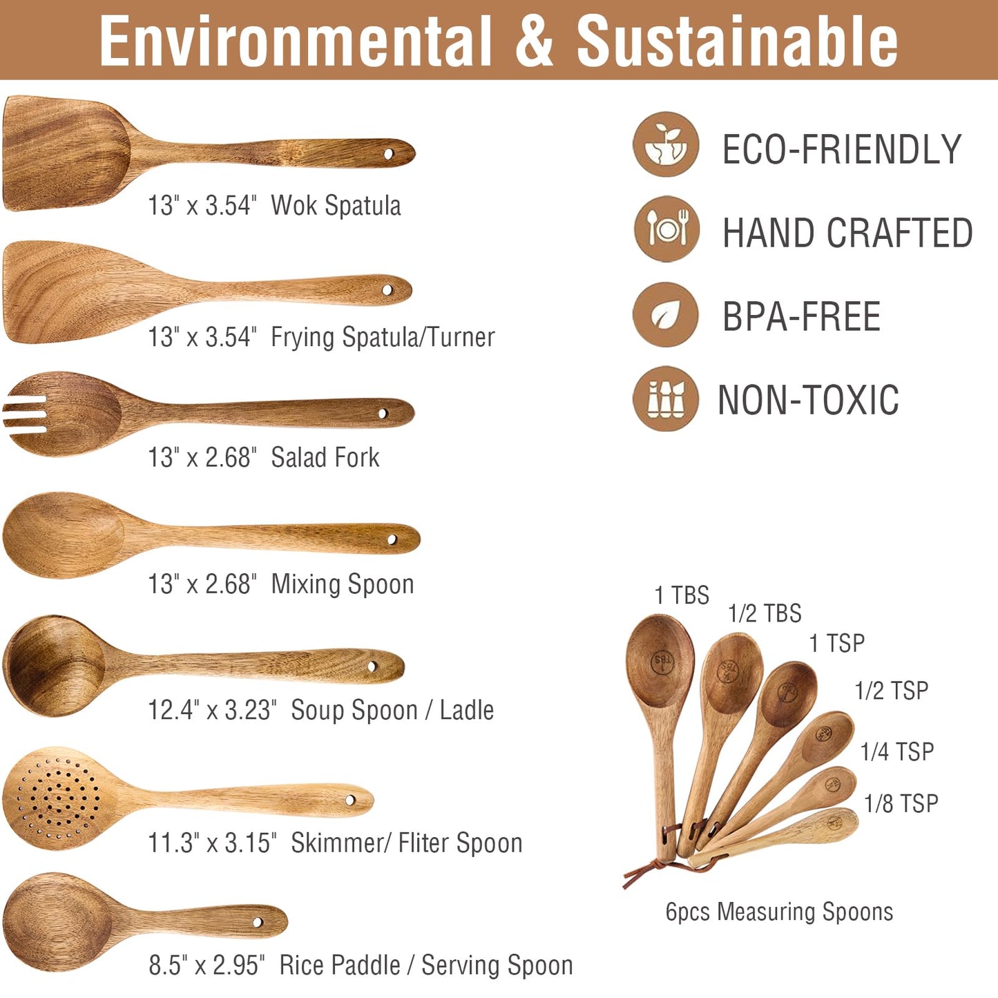 Wooden Spoons for Cooking, 13pcs Acacia Wooden Cooking Utensils Set Includes Wooden Spoon, Spatula, Soup Ladle, Measuring Spoons for Kitchen Use, Nonstick Natural Healthy Kitchen Cookware Gif - WoodArtSupply