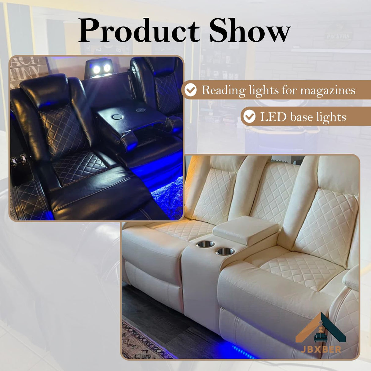 JBXBER Power Recliner Sectional Sofa Set for Living Room, Leather Recliner Sofa Sets, L-Shaped Corner Sectional Couch Sets with LED Lights, Console Storage(Sectional,Black) JBXBER