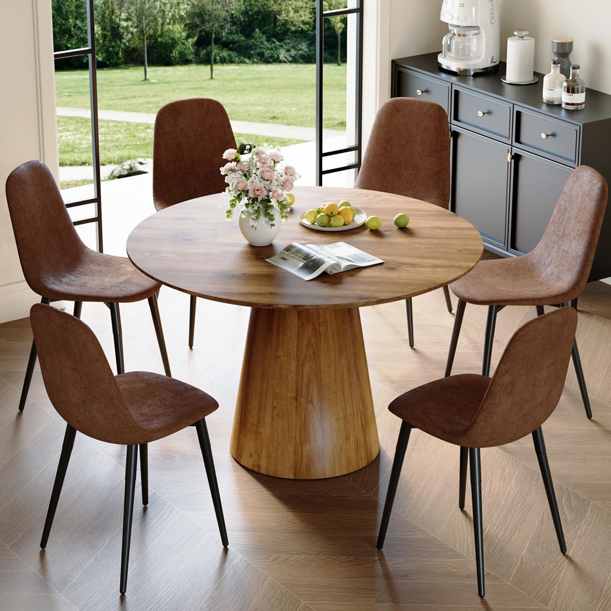 BAOPIN Round Dining Table Set for 6, 45''Round Wooden Dining Set with Cushioned Chairs, Round Table and Chair Set for Kitchen and Living Room (Wood Table+Style 1 Brown Chairs, 45'' Table+6 Ch - WoodArtSupply