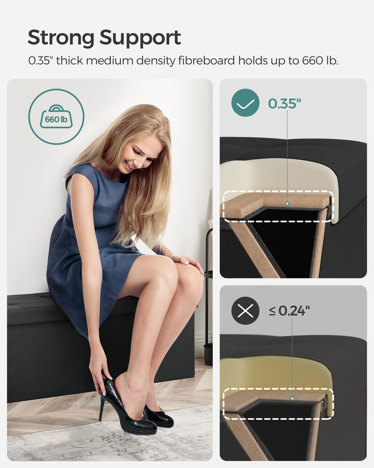 SONGMICS MAZIE Collection - 43 Inches Folding Storage Ottoman Bench, Ottoman Foot Rest, End of Bed Bench, Storage Chest, Load 660 lb, for Living Room, Bedroom, Entryway, Ink Black ULSF077B01 SONGMICS