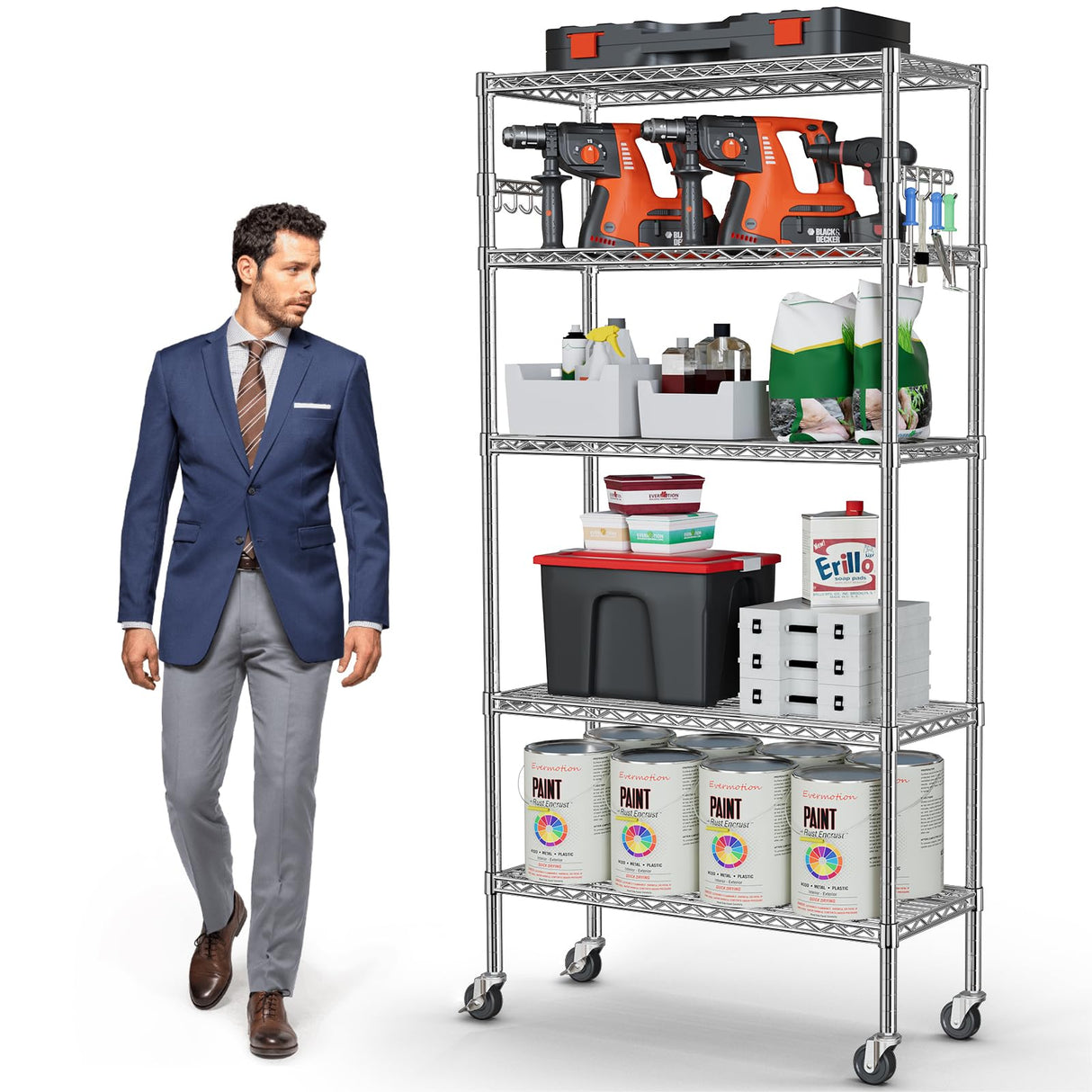 YNN Storage Shelves,1750Lbs 5 Tier Heavy Duty Metal Rolling Shelving Unit with Wheels & 8 Hooks, Adjustable Garage Wire Rack for Kitchen, Bathroom,Industrial,Pantry(36" W x 14" D x 72" H, Chrome) YNN