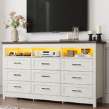 Hlivelood Farmhouse 9 Drawer Dresser with LED Lights, 63" Wide Large Chest of Drawers for Bedroom, Modern Wood Dresser Storage Organizer with Charging Station for Living Room, Bedroom, Rustic White Hlivelood