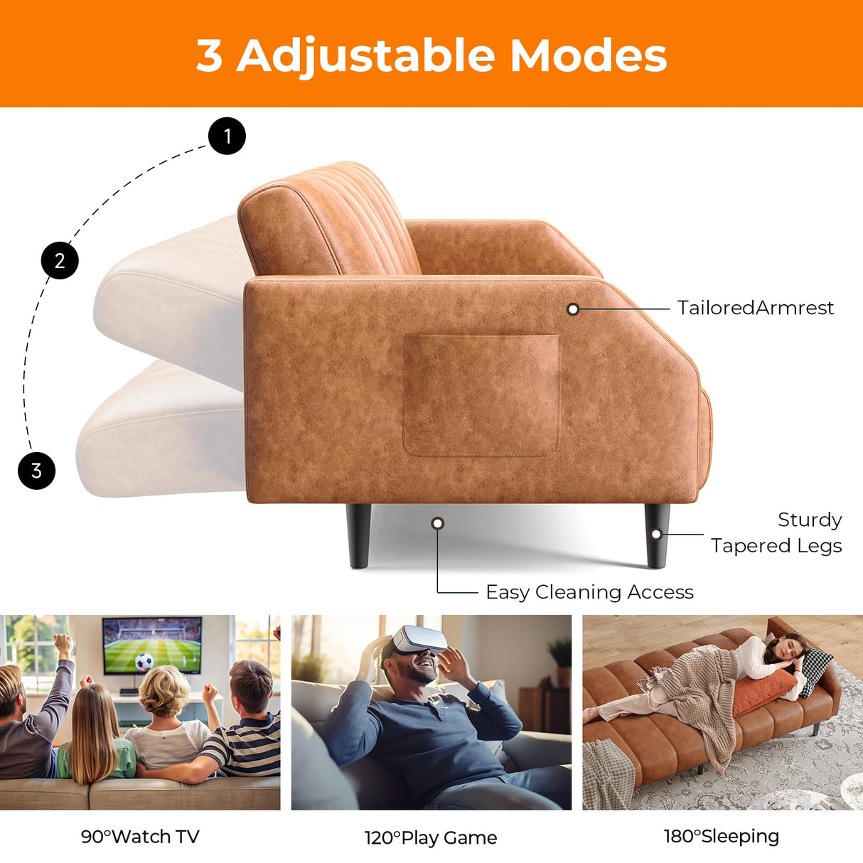 Fadware 78” Faux Leather Couch, Convertible Futon Sofa Bed with Adjustable Backrest, Mid Century Leather Sofa Loveseat with Side Pockets& Metal Leg, Modern Leather Sleeper Sofa for Living Room Bedroom Fadware