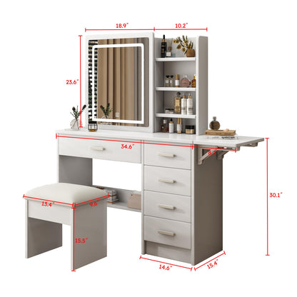 Vanity Desk with Lighted Mirror and Cushion Stool, Makeup Table with Sliding LED Mirror-3 Color Models, Makeup Desk with 5 Drawers & 6 Shelves & Extended Shelf, Dressing Makeup Table for Home - WoodArtSupply