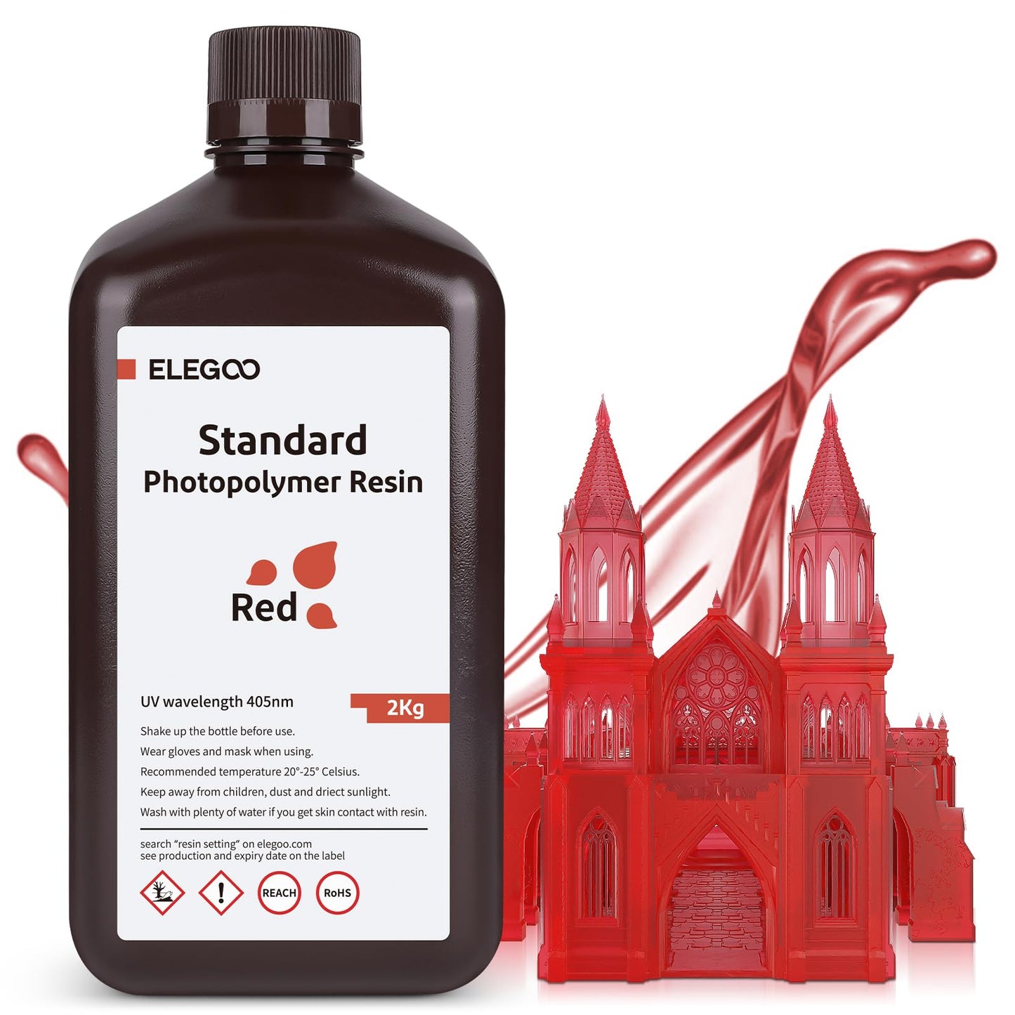 ELEGOO 3D Printer Resin, 405nm Fast UV Curing Standard Photopolymer Resin, High Precision, Non Toxic 3D Resin for Saturn 4/Saturn 3/Mars 5/Mars 4, LCD/MSLA/DLP 3D Printing, Clear Red 2000G