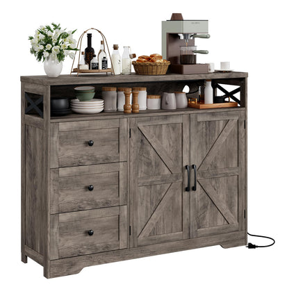 47''W Farmhouse Buffet Sideboard with Charging Station and 3 Drawers, Coffee Bar Cabinet Buffet Cabinet with Shelf, Rustic Accent Cabinet with Storage for Kitchen, Living Dining Room, Rustic Grey