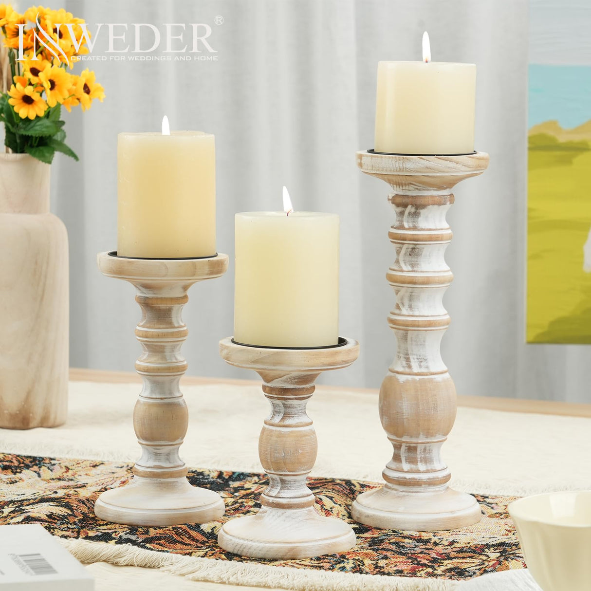 Wood Candle Holders for Pillar Candles: 3Pcs White Rustic Wood Candle Holders Distressed Wooden Farmhouse Candle Holders Rustic Candle Holder Tall Pillar Candle Holder Stand for Fireplace Table Inweder