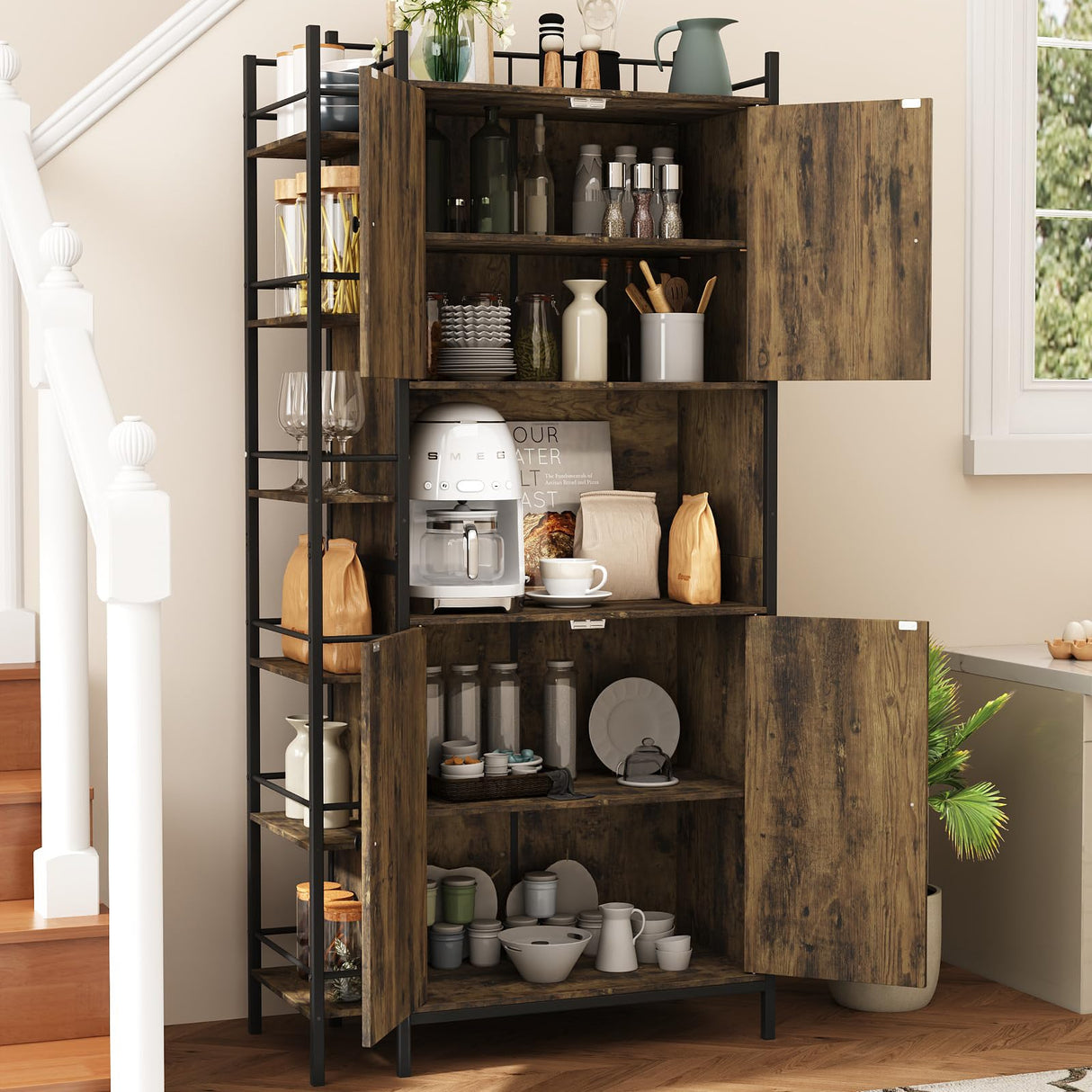 Seeday Industrial Style Kitchen Pantry Storage Cabinet, Brown Tall Kitchen Hutch with Microwave Stand, Food Pantry Cabinet with Side 6 Shelves and 2 Doors for Dining Room, Living Room Seeday