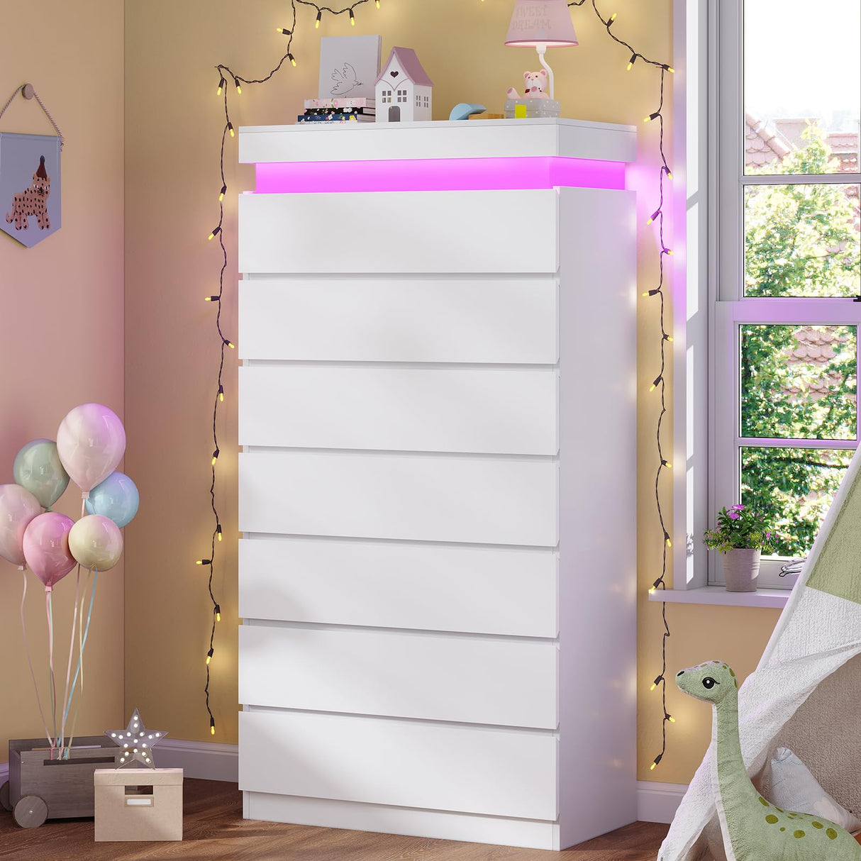 HAUOMS Tall 7 Drawer Dresser with LED Light, White Modern Chest of Drawers for Bedroom,Closet Dressers with Drawers for Living Room, Entryway, Hallway HAUOMS