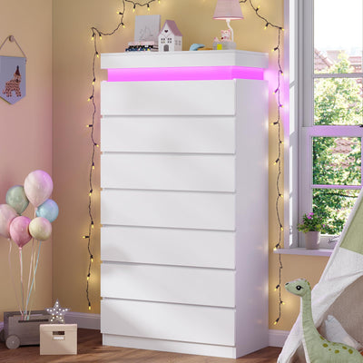 HAUOMS Tall 7 Drawer Dresser with LED Light, White Modern Chest of Drawers for Bedroom,Closet Dressers with Drawers for Living Room, Entryway, Hallway