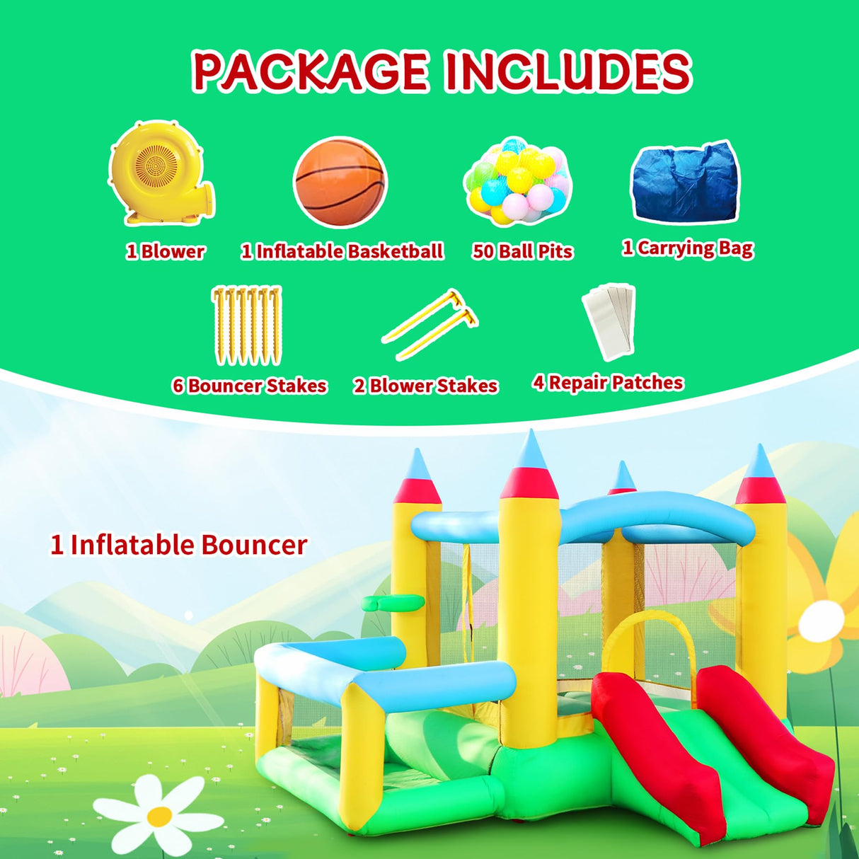 WELLFUNTIME Inflatable Bounce House with Slide, 107x106x80 Inch, Jumping Castle with Blower and Ball Pool, Basketball Game WELLFUNTIME