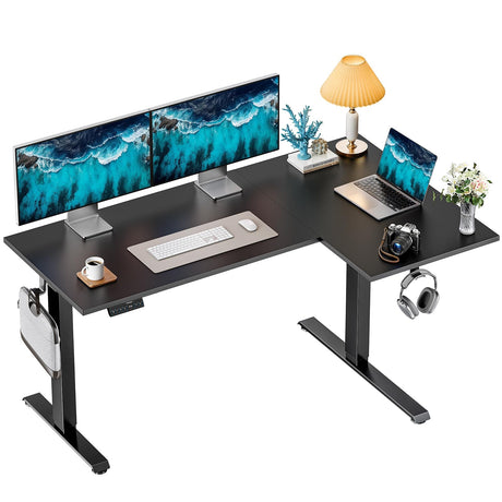 HUANUO L-Shaped Standing Desk, 63 x 40 inch Dual Motor Corner Standing Desk, Electric Height Adjustable Computer Desk with Cable Tray & 3 Preset Heights, Raising Desk for Home Office, Black, HNESD109 HUANUO