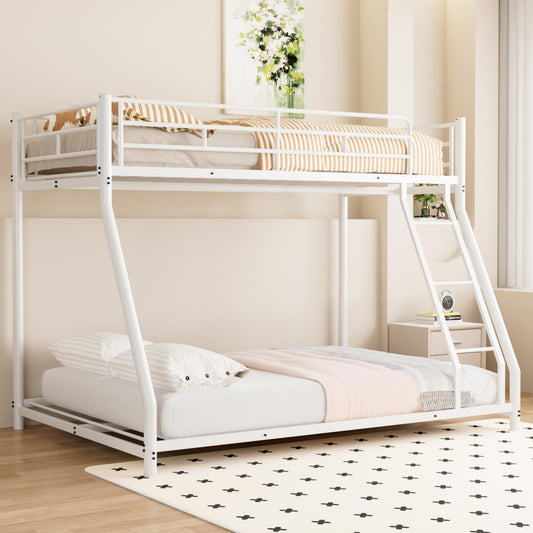 Miscoos Twin over Full Metal Bunk Bed, Heavy-Duty Full Bed Frame with Full-Length Guardrails and Safety Ladder, Space Saving Metal Bunk Bed, No Box Spring Needed, White